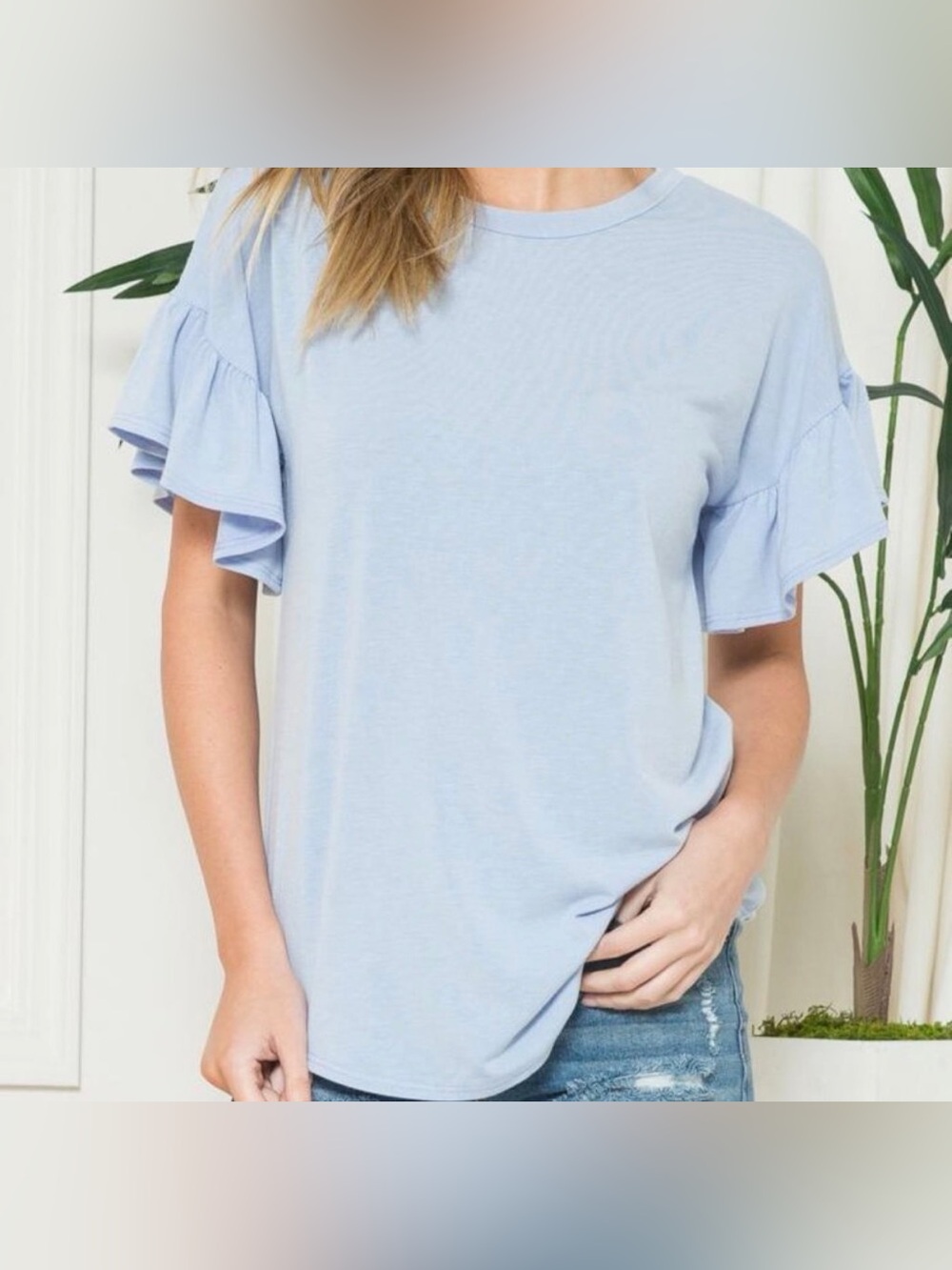 Women's Light Blue Ruffle Sleeve Tee